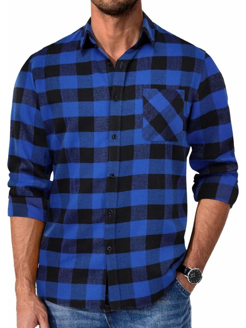 Men's Blue Polyester Blend Long Sleeve Plaid Casual Flannel Button Down Shirt